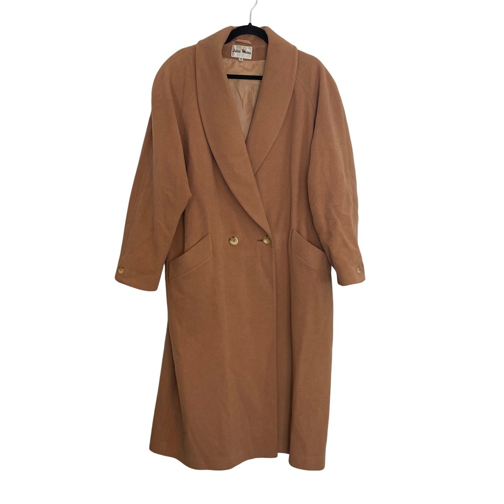 John Weitz Camel Lambswool Cashmere Blend Overcoat Vintage Size 16 Shawl Collar